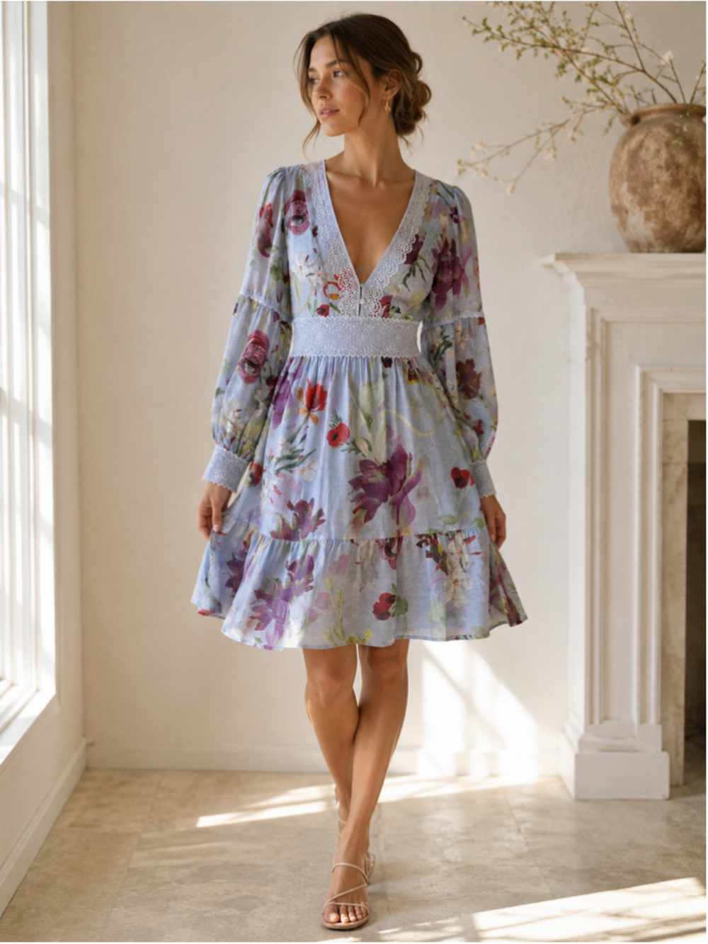 PatBO Lily Floral Plunge Mini Dress Blue Lace Trim Long Sleeve Size 12 NWT